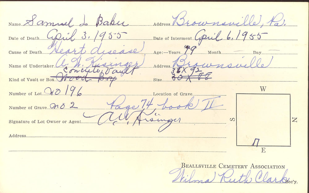 Samuel Baker burial card